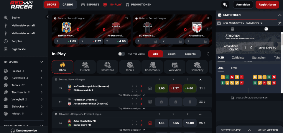 Screenshot der Redracer Sportseite
