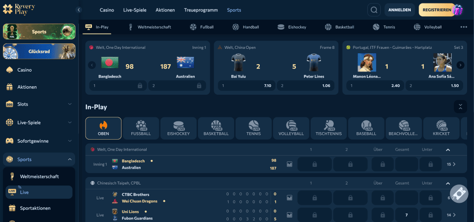 Screenshot der Revery Play Sportseite