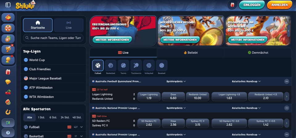 Screenshot der Shikaka Sportseite