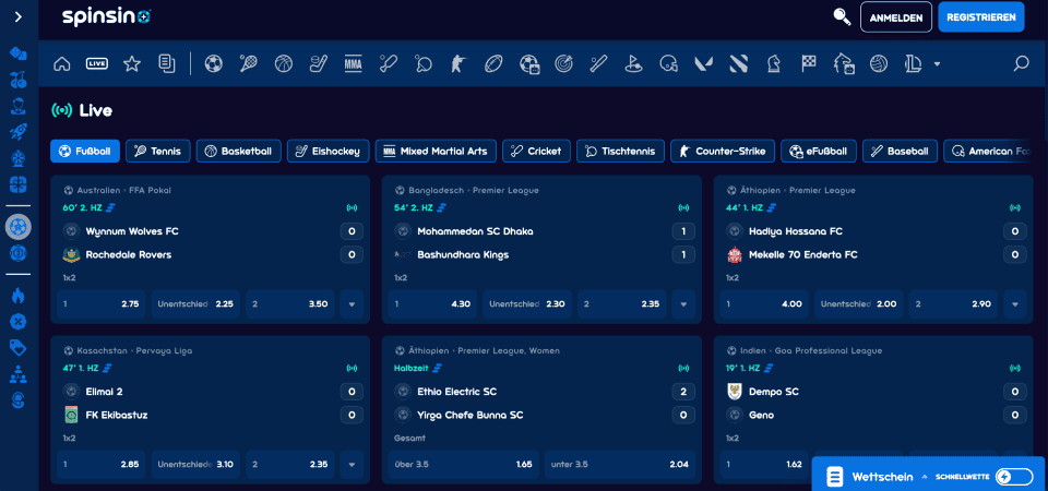 Screenshot der Spinsino Sportseite