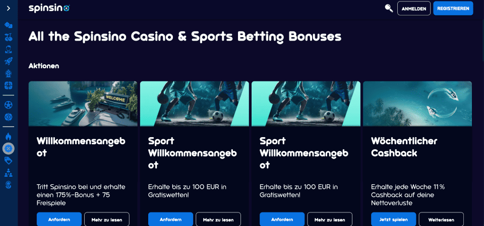 Screenshot der Spinsino-Promoseite