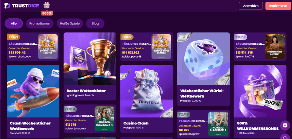Screenshot der Trustdice-Bonusseite