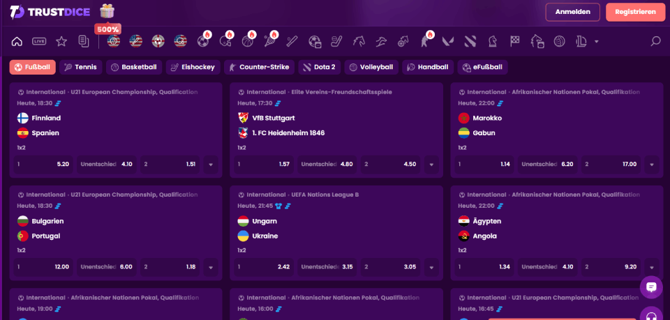Screenshot der Trustdice-Sportseite
