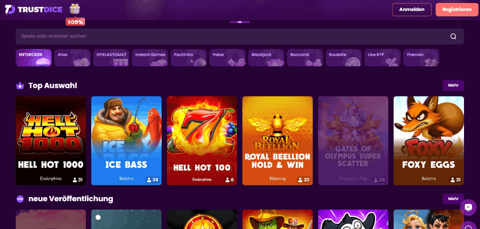 Screenshot der Trustdice-Casinoseite