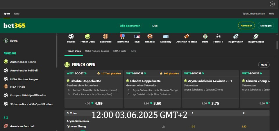 Screenshot der bet365-Sportseite