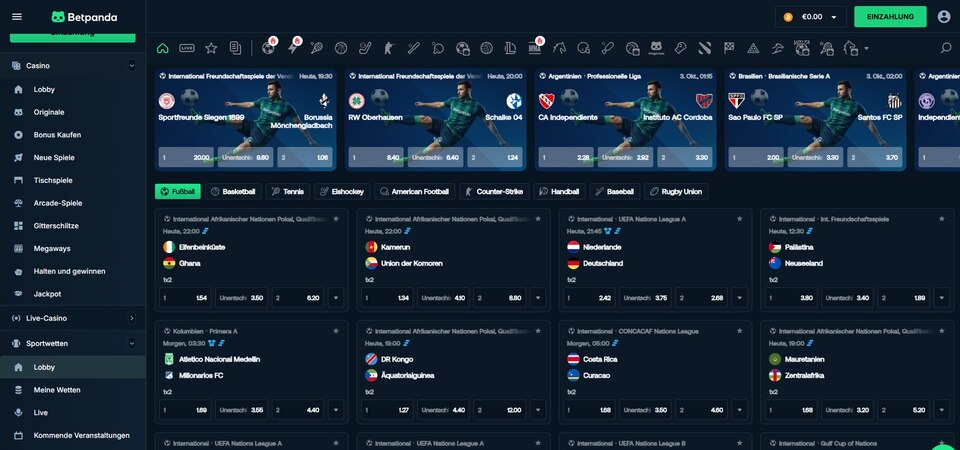 Screenshot der Sportseite bei Betpanda