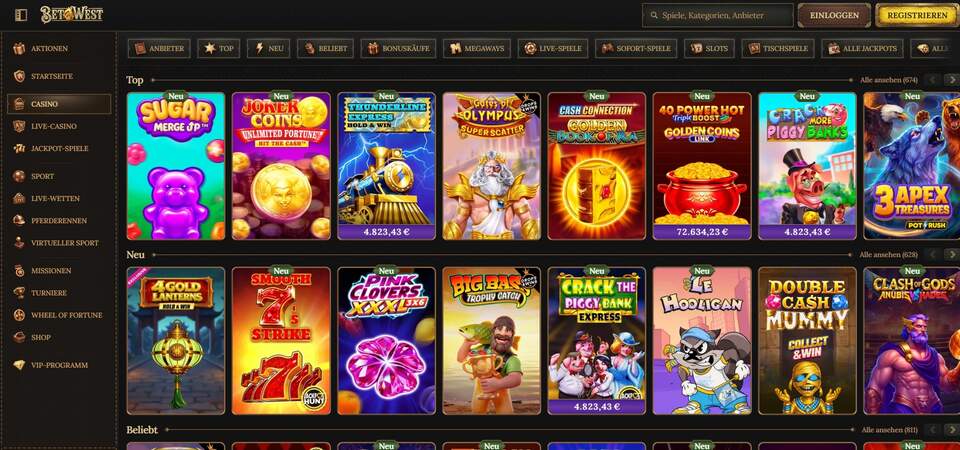 Screenshot der Casino-Seite bei BetWest