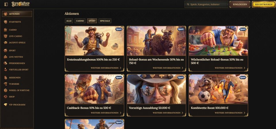 Screenshot der Werbeaktionen bei BetWest