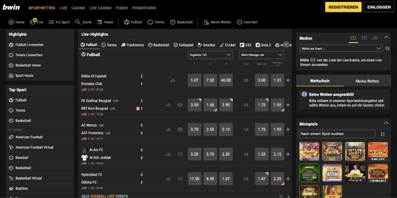 Screenshot der Bwin Sportseite