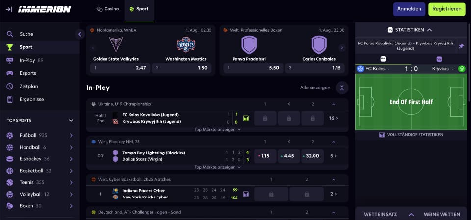 Screenshot der Immerion Sportseite