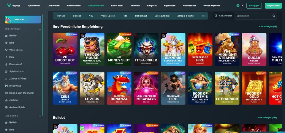 Screenshot der Casino-Seite bei Vave