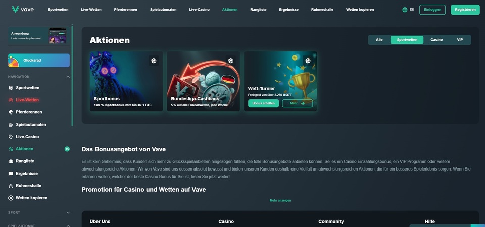 Screenshot der Aktionsseite bei Vave