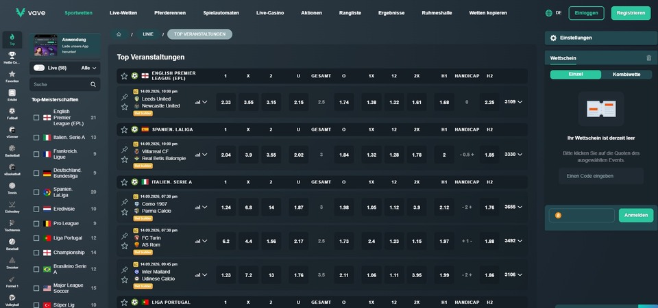 Screenshot der Sportwetten bei Vave