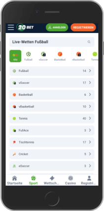 Mobiler Screenshot der 20bet Live-Seitenliste