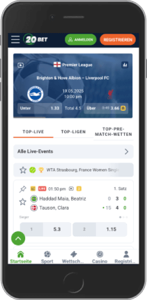Mobiler Screenshot der 20bet Live-Seite