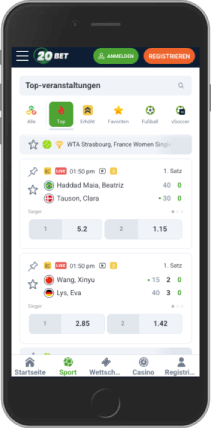 Mobiler Screenshot der 20bet-Liveseite
