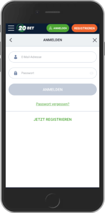 Mobiler Screenshot der 20bet-Anmeldeseite