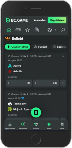 Mobiler Screenshot der BC.Game Tennis-Fußballseite