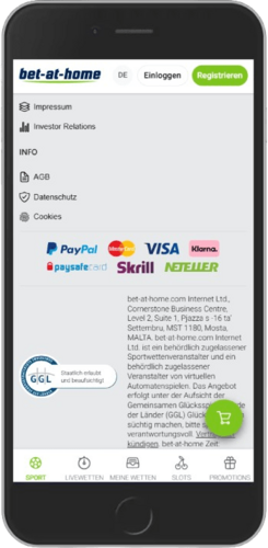 Mobiler Screenshot der Bet-at-Home-Einzahlungen und Auszahlungen