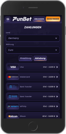 Screenshot der Auszahlungsseite der mobilen Site von FunBet