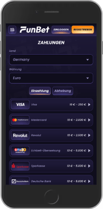 Screenshot der Einzahlungsseite der mobilen Site von FunBet