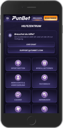 Screenshot der Support-Seite der mobilen Site von FunBet