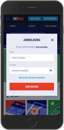Mobiler Screenshot der TikiTaka-Anmeldeseite