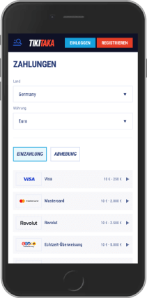 Mobiler Screenshot der TikiTaka-Zahlungsseite