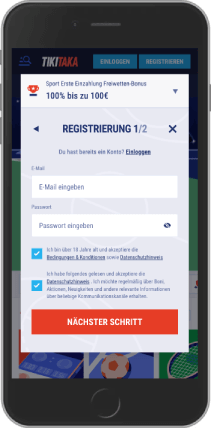 Mobiler Screenshot der TikiTaka-Registrierungsseite
