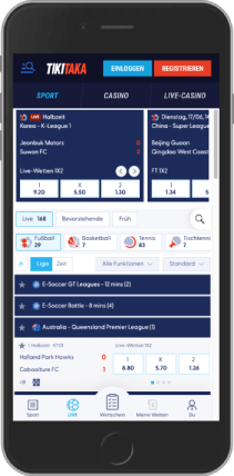 Mobiler Screenshot der TikiTaka-Sportseite