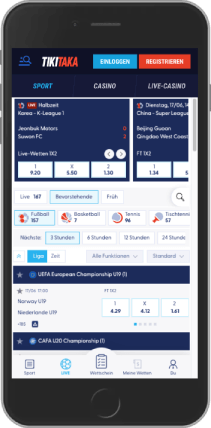Mobiler Screenshot der TikiTaka-Sportseite