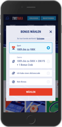 Mobiler Screenshot der Willkommensbonusseite von TikiTaka