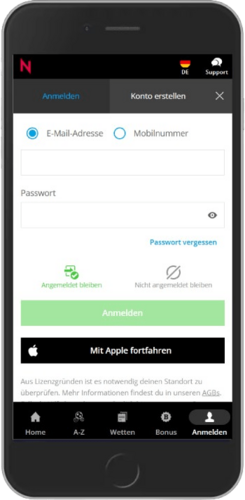 Mobiler Screenshot der NeoBet-Registrierungsseite