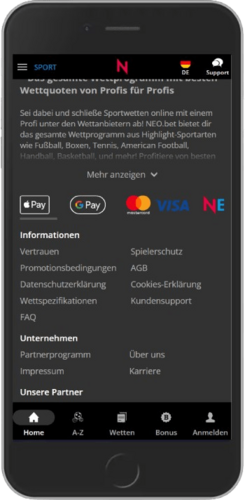 Mobiler Screenshot der NeoBet-Einzahlungen und Auszahlungen