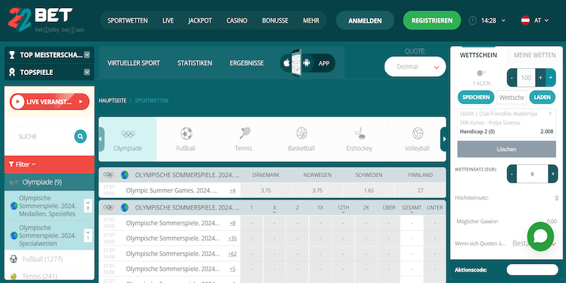 Bildschirmfoto der Seite der Olympischen Spiele von 22bet