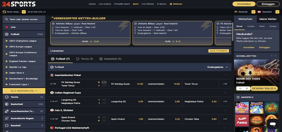 Screenshot der 24Slots-Sportseite auf dem Handy