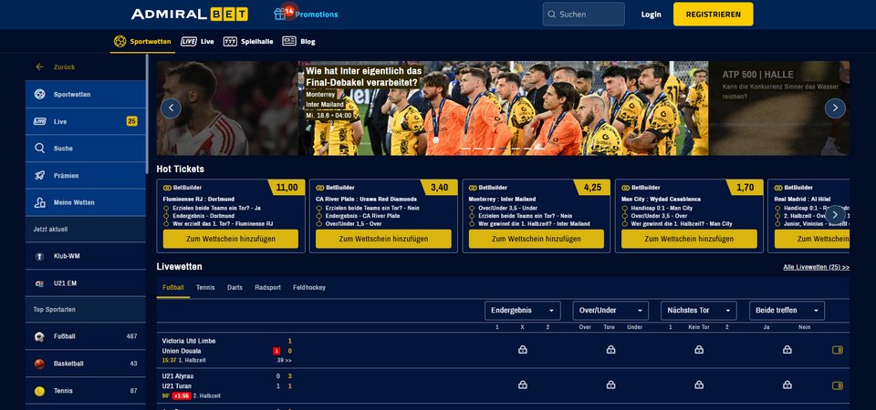 Screenshot der AdmiralBet-Sportseite