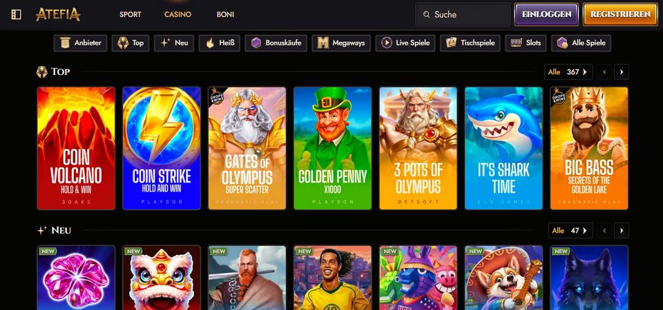 Screenshot of the Atefia casino page
