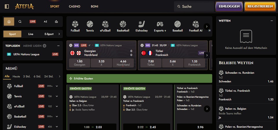 Screenshot der Atefia-Sportseite