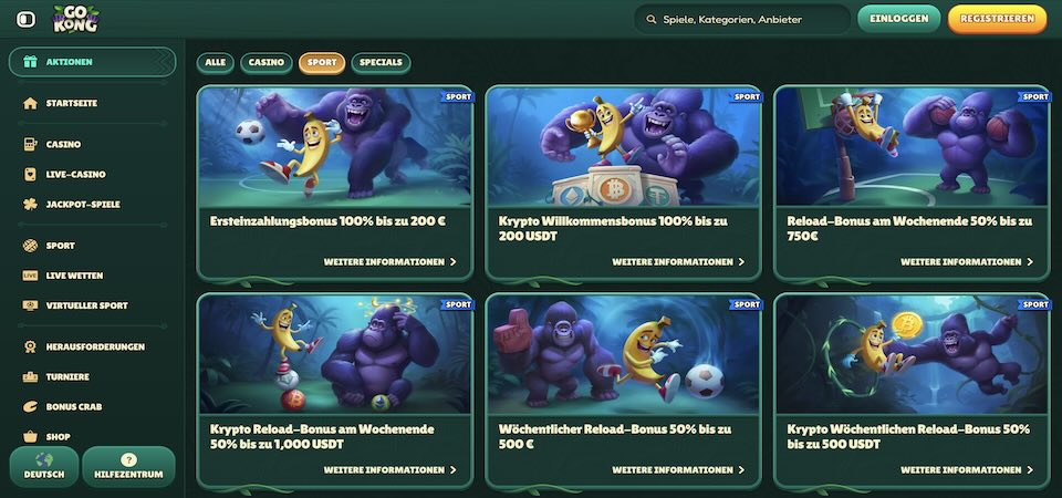 Screenshot der GoKong-Bonusseite
