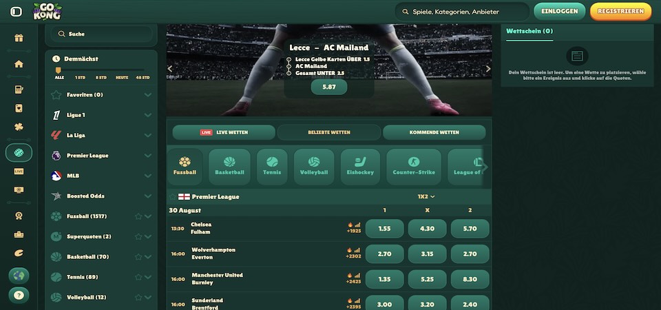 Screenshot der GoKong-Sportseite