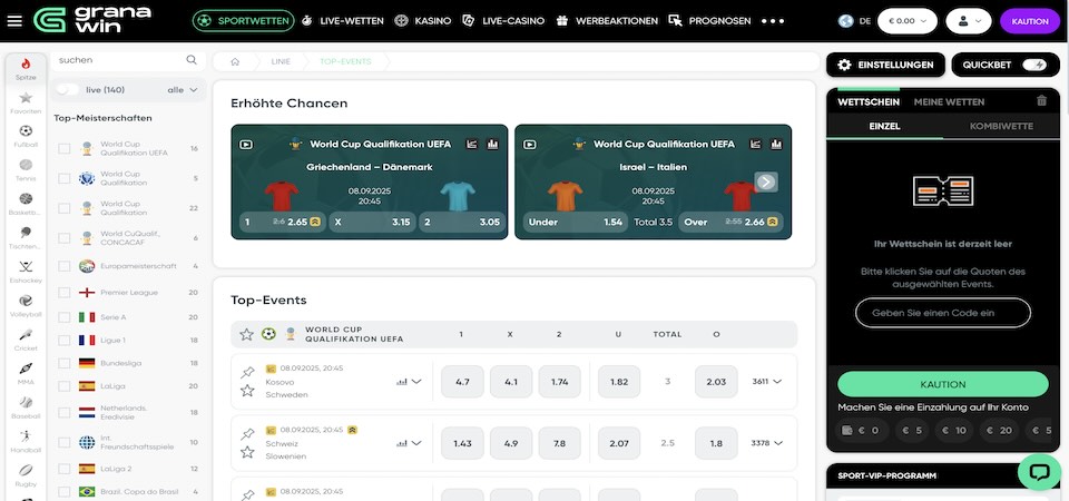 Screenshot der Granawin-Sportseite