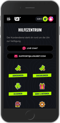 Mobiler Screenshot der Lunubet-Supportoptionen