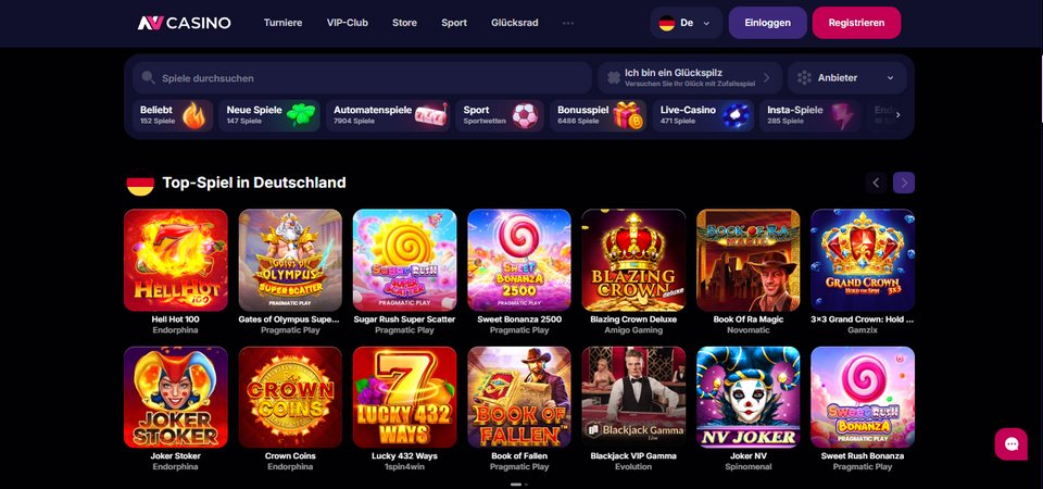 Screenshot der Casino-Seite bei NV.Casino
