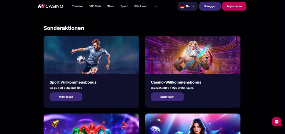 Screenshot der Werbeaktionen bei NV.Casino
