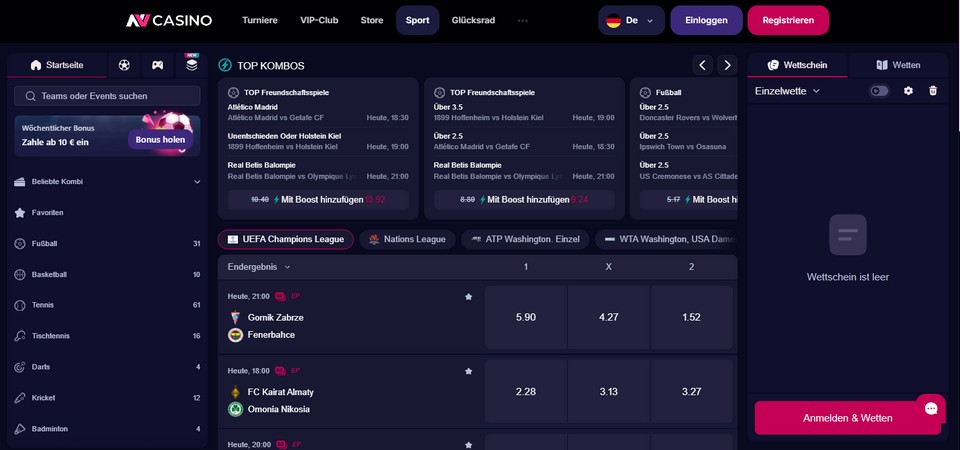 Screenshot der Sportseite bei NV.Casino