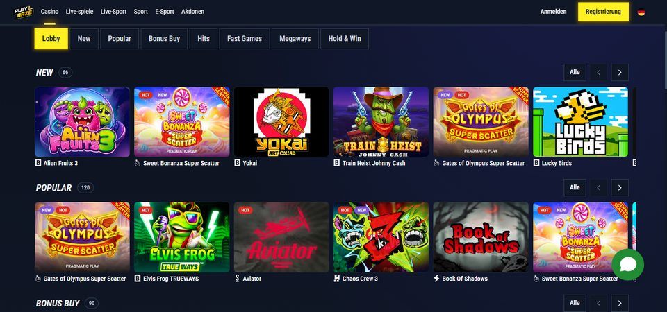 Screenshot der Playbaze-Casino-Seite