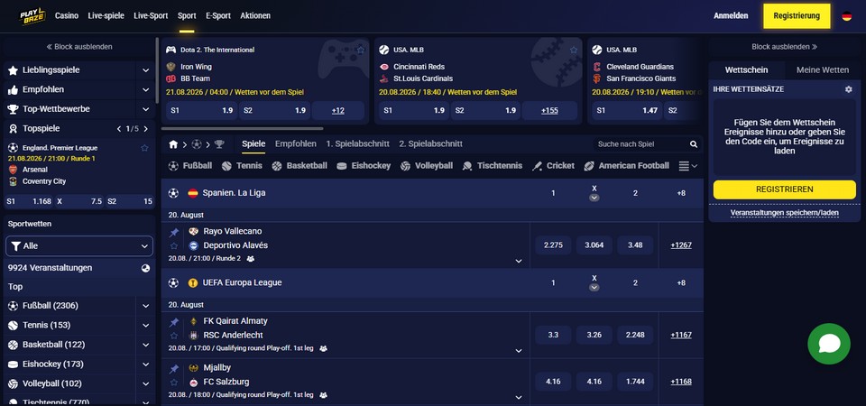 Screenshot der Playbaze-Sportseite