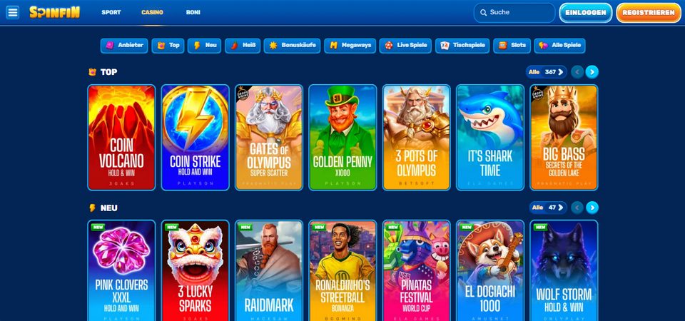 Screenshot der Spinfin Casinoseite