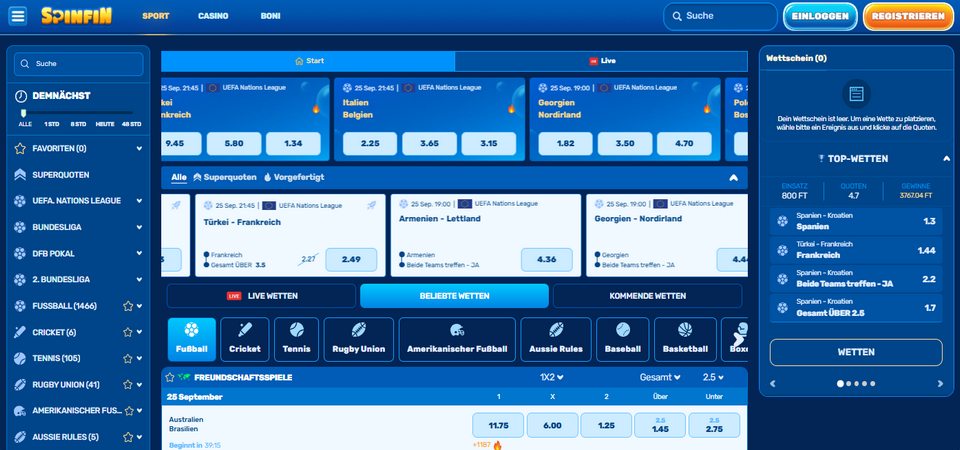 Screenshot der Spinfin-Sportseite